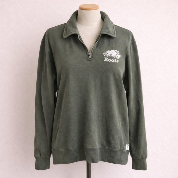 Roots Sweaters - Authentic Roots Olive Green 3/4 Zip Long Sleeve Sweater Pullover Women's Large
